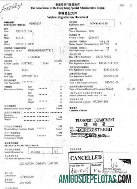 Exemplo de certificado de registro de veículo de Hong Kong